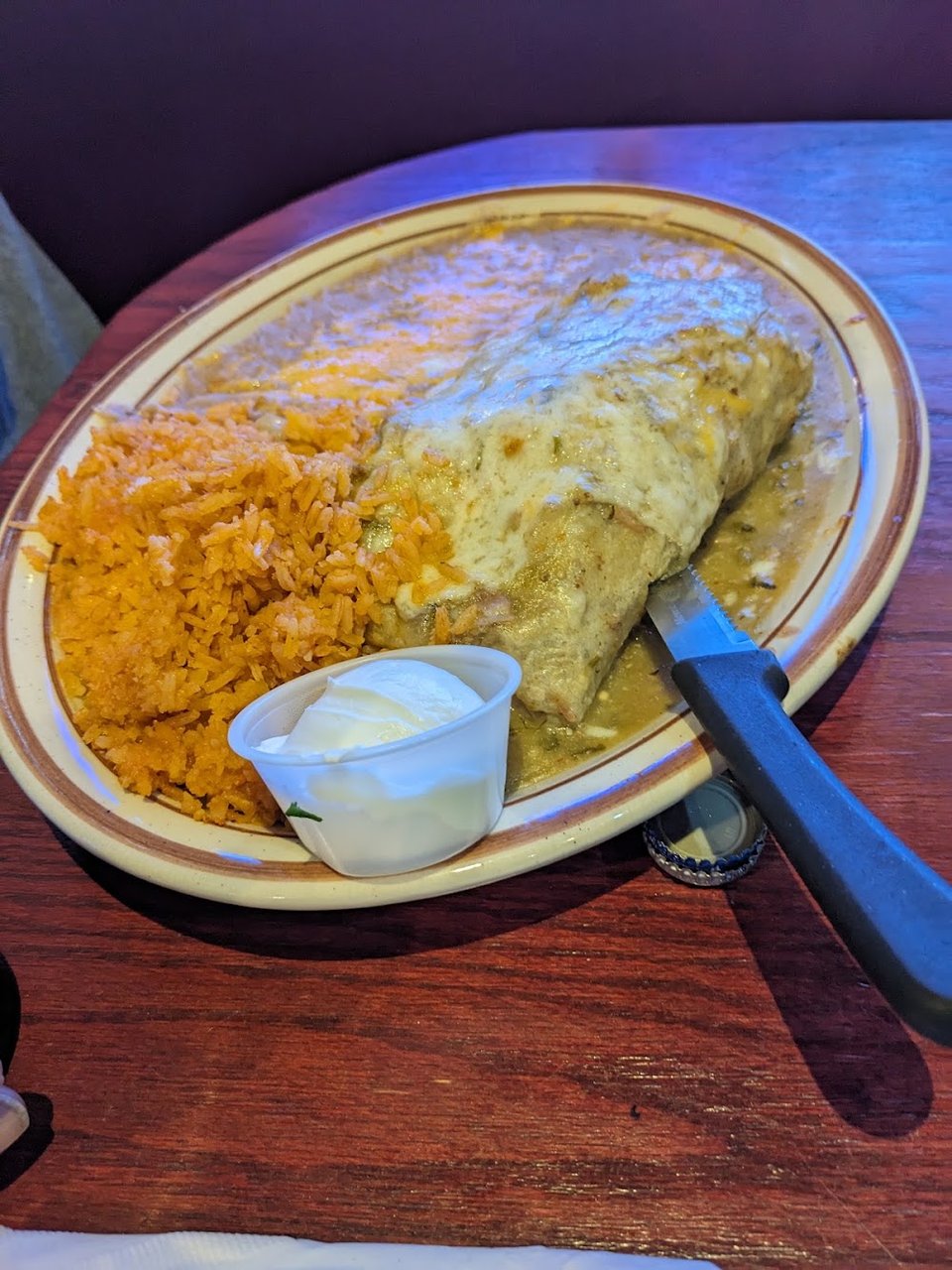 Close-up of breakfast specials and burritos.
