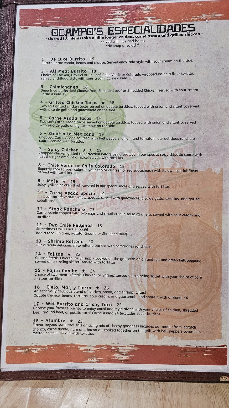 Restaurant menu with handwritten-style item names.