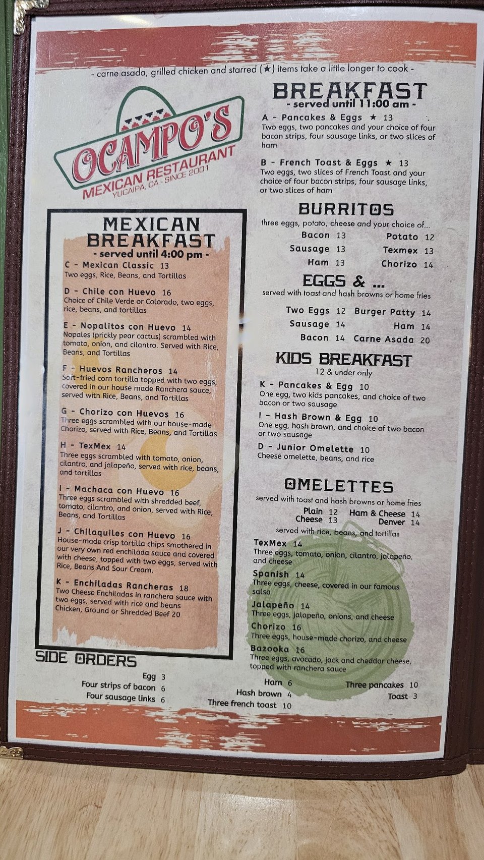 Printed menu page with breakfast and lunch sections.